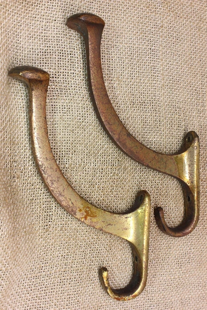 2 old Coat Hooks Bath Robe Clothes Tree Tarnished CAST BRASS vintage Mission