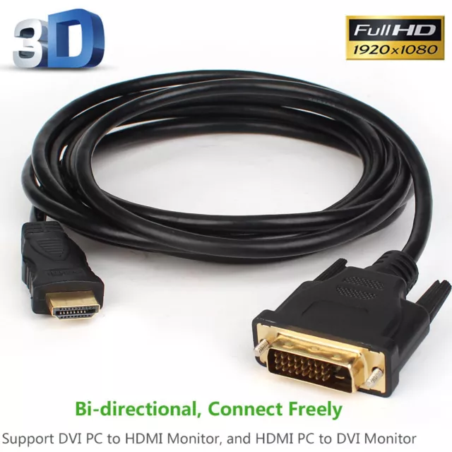 Gold DVI-D Male to HDMI Male Adapter Cable for PC LCD HD TV Full HDTV NEW 2m-5m