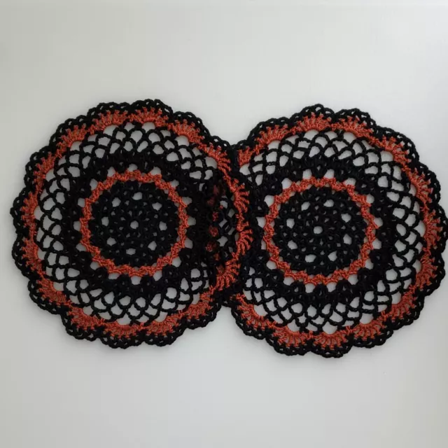 New Hand Crocheted Small Lace Doilies 7" Set of 2 Black Copper Cotton Lace Round