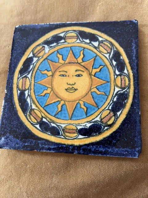 Terracotta Tile Sun Design 4 inch square Blue Gold Vintage Handpainted