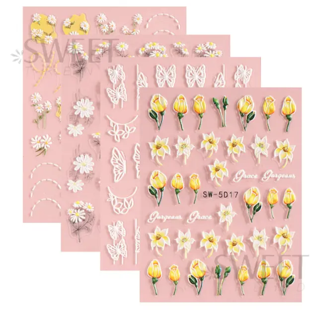 5D Embossed White Daisy Tulip Butterfly Camellia Flower Nail Art Stickers DIY