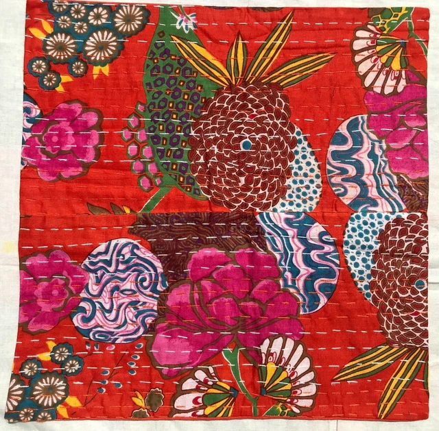 Indian Cushion Cover Red Flowers Embroidered Cushion Cover Kantha India T