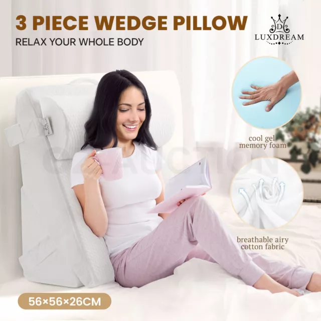 Bed Wedge Pillow Set Cool Gel Memory Foam Neck Support Backrest Headrest Cushion