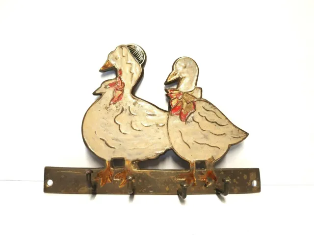 Vintage French Brass Enamel Duck/Goose Wall Hanging Hook Hang 1950's