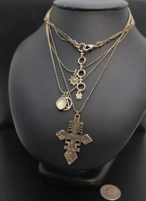 LUCKY BRAND MULTI STRAND Bronze TONE LAYERED CHAIN CROSS PENDANT NECKLACE