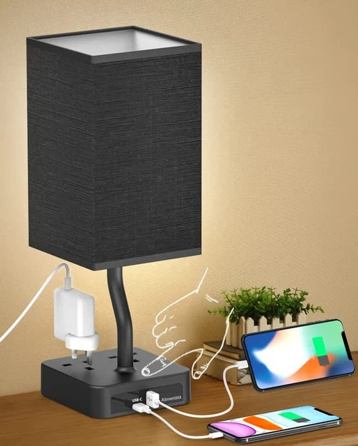 BLACK NIGHTSTAND BEDROOM Lamp with USB C USB A Charging Ports