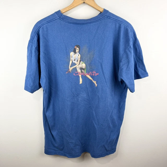 VTG QUICKSILVER HAWAIIAN Beach Island PinUp Topless Woman Blue TShirt