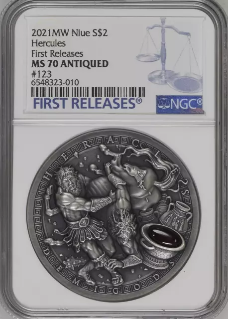 Demigods Hercules  2021 Niue Ultra High Relief 2oz Silver Red Garnet NGC 70 FR