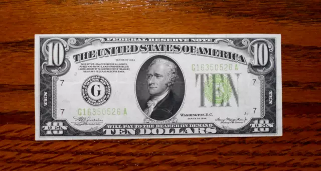 1934 $10 Federal Reserve Note 💲 Light Green ~ circulated
