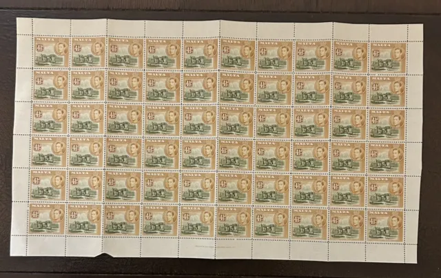 MALTA 1938 King George VI A Full Page of 60 Stamps. Rare