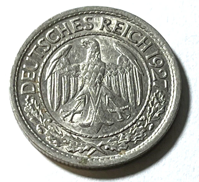 1927-A Germany 50 Pfennig Weimar Republic Au