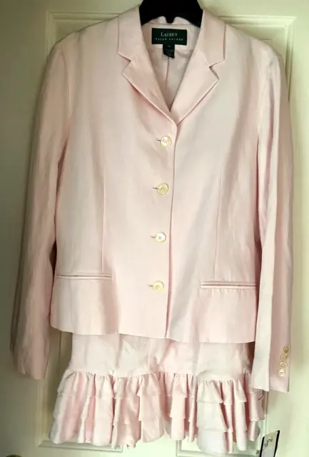 $338 Ralph Lauren Skirt Suit Linen Silk In Blush Pink Ruffled Skirt 14