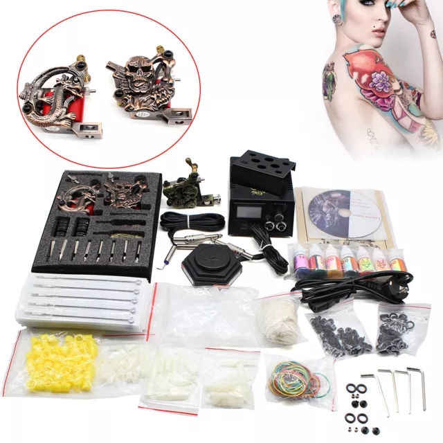 Set tatuaggi completo con 50 aghi e 7 colori inchiostro e 3 macchina tatuaggi pistole DHL