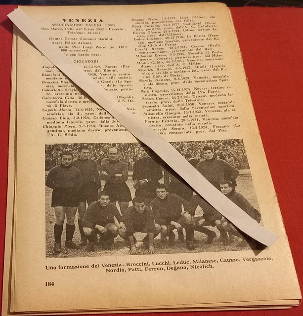 TREVISO VENEZIA SQUADRE foglio tratto da almanacco calcio RIZZOLI 1951