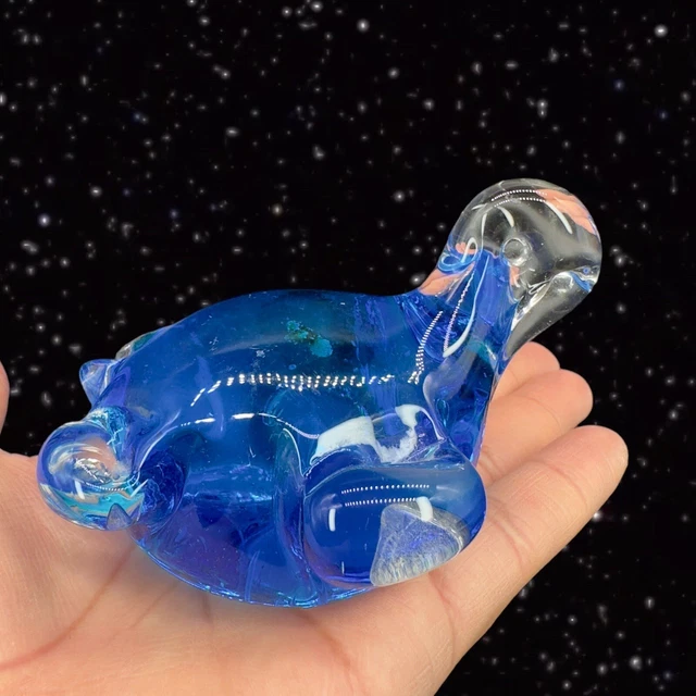 Art Glass Blue Turtle Paperweight Animal Figurine Whimsical 3.5”Wide 2”Tall