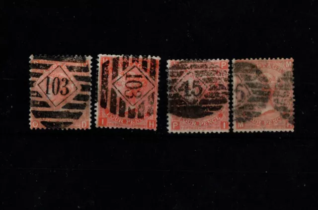 gb qv stamps 4d vermillion shades orange pale red X4 stamps used ref AB38
