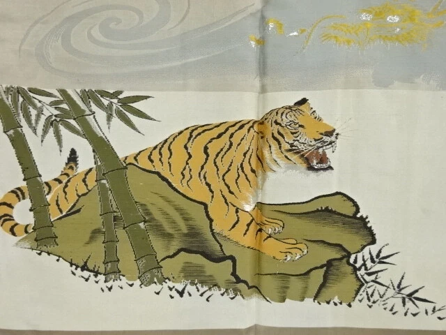 6556831: Japanese Kimono / Antique Mens Haori / Tsumugi / Woven Tiger & Dragon (