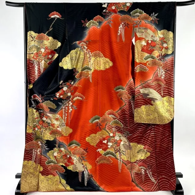 Japanese kimono SILK"FURISODE" long sleeves, Gold leaf,Plants,Pine,L5' 8"..3447