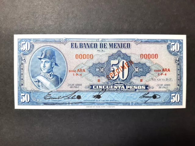 Mexico 50 Pesos 1963,  p-49,  UNC  (SPECIMEN)