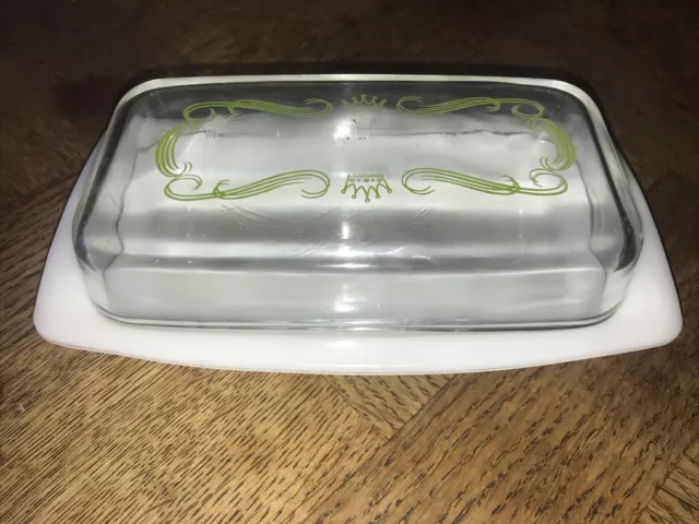 Vintage Pyrex Glass Butter Dish Lid - Green Scroll Retro