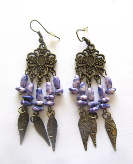 Fashion Earrings- chandelier style- bronze color- purple dangling beads