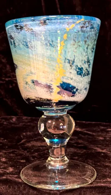 Mdina Malta Glass 6 1/2" Goblet Blue Summer 1978 Design Signed #3