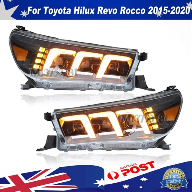 Pair Full LED DRL Sequential Head Light Lamp For Toyota Hilux Revo Rocco 2016-20