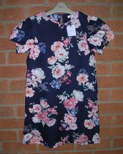 Abito da festa nuovo con etichette NEXT blu navy floreale manica gonfiabile età 10 140 cm NUOVO