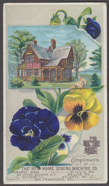 New Home Sewing Machine trade card 1880s pansies Orange MA et al