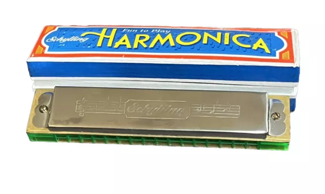 Schylling Harmonica Fun to Play 16 Hole Silver Metal Green Plastic Original box