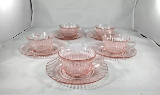 Vtg Pink Depression Glass Anchor Hocking Queen Mary Ribbed CUPS AND SAUCERS (5)