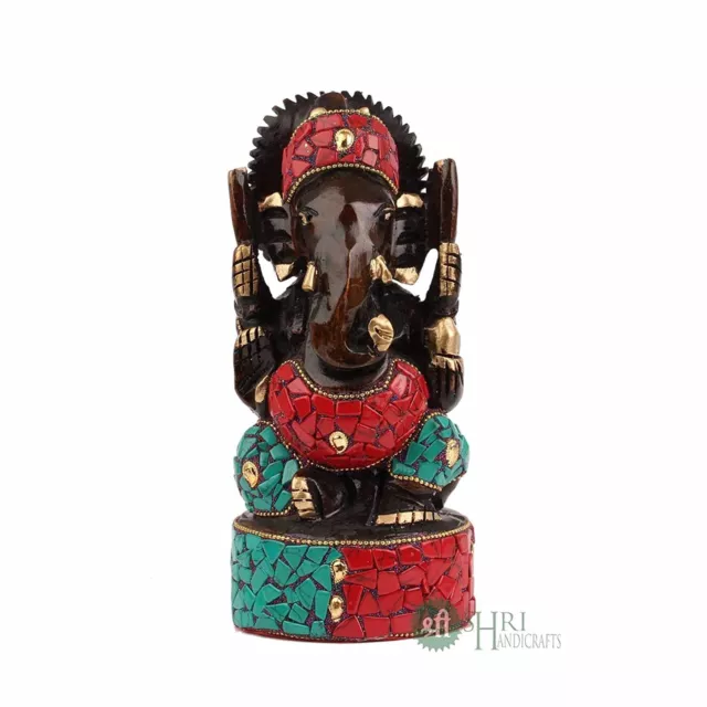 Wooden Stone Carved Hindu God Ganesha Ganpati Idol Figurine for Home Office 6''