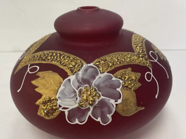 Antique Ruby Optic Dot Glass Oil Lamp Shade Gold Gilt Floral Painted Railroad 2