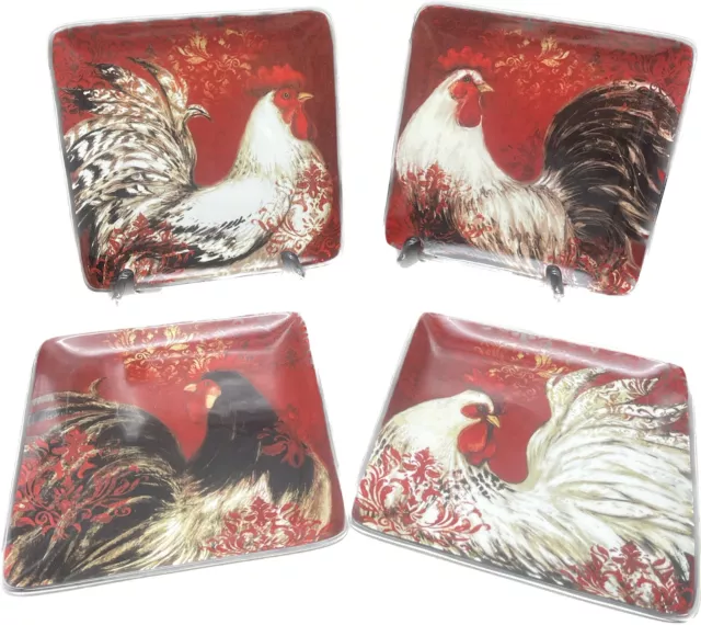 Certified International ROOSTER SUNRISE Square Salad Dessert Plates 8.5"-4