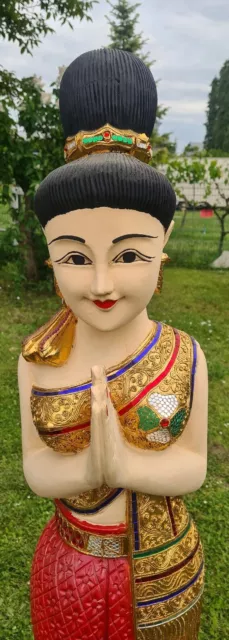 Thailand Sawasdee Lady, Thai Skulptur,Holz Figur, H 166 cm, Statue,Willkommen