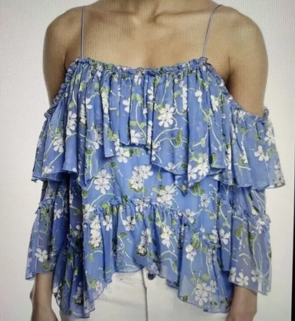 Alice + Olivia Off The Shoulder Tia Ruffle Top Ditsy Floral Blue SZ S Silk Blend