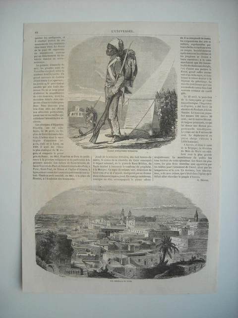 Gravure 1864. Tunisie. Vue Generale De Tunis. Soldat D’infanterie Tunisienne....