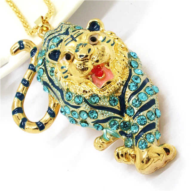 Betsey Johnson Rhinestone Bling Blue Tiger Crystal Pendant Chain Necklace 4
