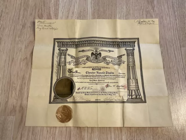 Vintage 1925 Chester Harold Thulin 32 Masonic Masons Membership Certificate