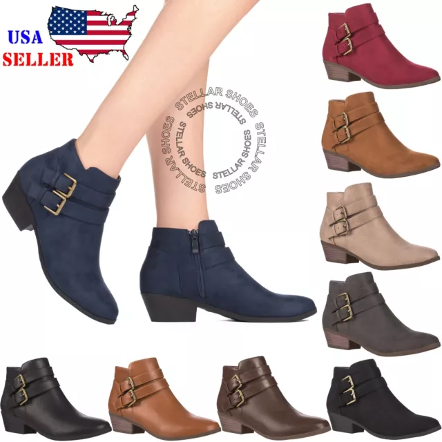 Women's Chunky Booties Low Block Heels Ankle Boots Shoes Zip Casual Shoes