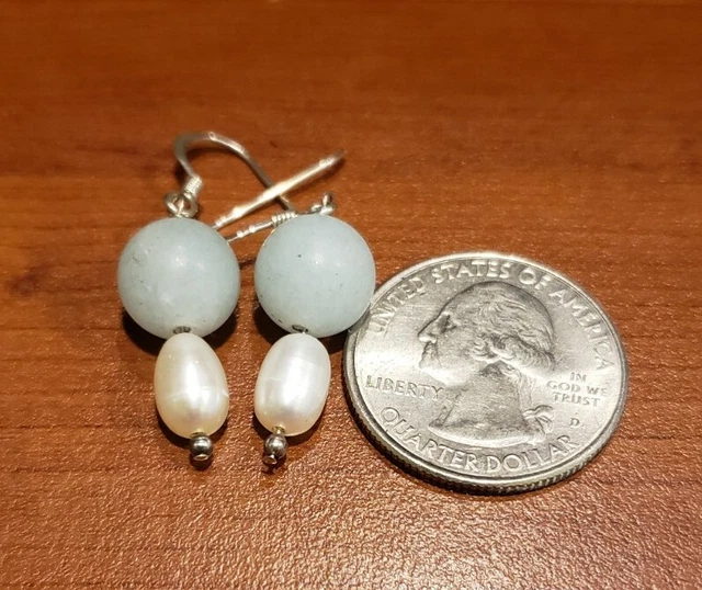 Sterling silver earrings, beautiful matte finish aquamarine & freshwater pearl