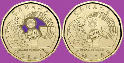 Set 2022 Canada Oscar Peterson Colored & Non-Col Dollar Loonie Mint UNC $1 Coin