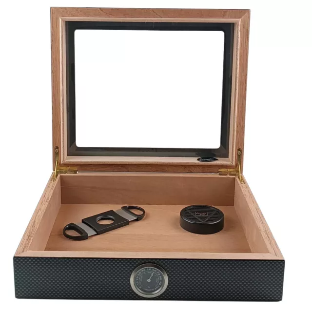 raupir Set HUMIDOR Angelo für bis zu 30 Zigarren Hygrometer Carbonoptik Cutter