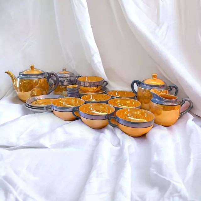 Vintage 32 Piece Hand Painted Lusterware Blue and Orange Japanese Tea Set