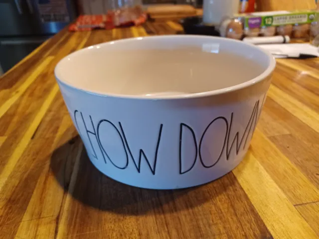 Rae Dunn CHOW DOWN Pet Bowl Dog 8" Large White Black Ceramic Artisan Collection