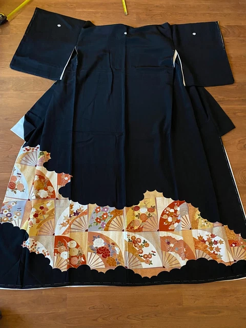 Black good quality silk Authentic Kimono  Japanese A15 Flower fan