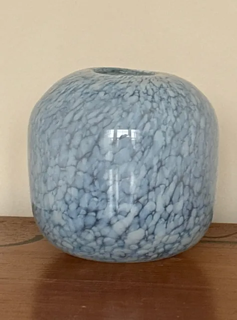 Hand Blown Art Glass Round Vase Light Blue White Speckled Murano Style 3”