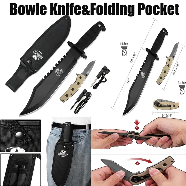 15''SURVIVAL BOWIE KNIFE&FOLDING Pocket Knife Fixed Blade Hunting Knife