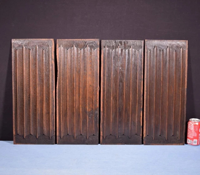 *Antique French Gothic Revival Panels in Oak Wood Salvage w/Linen Fold Carvings