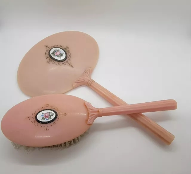 Vintage Pink Floral Rose Design Vanity Mirror and Hair Brush Set Celluloid